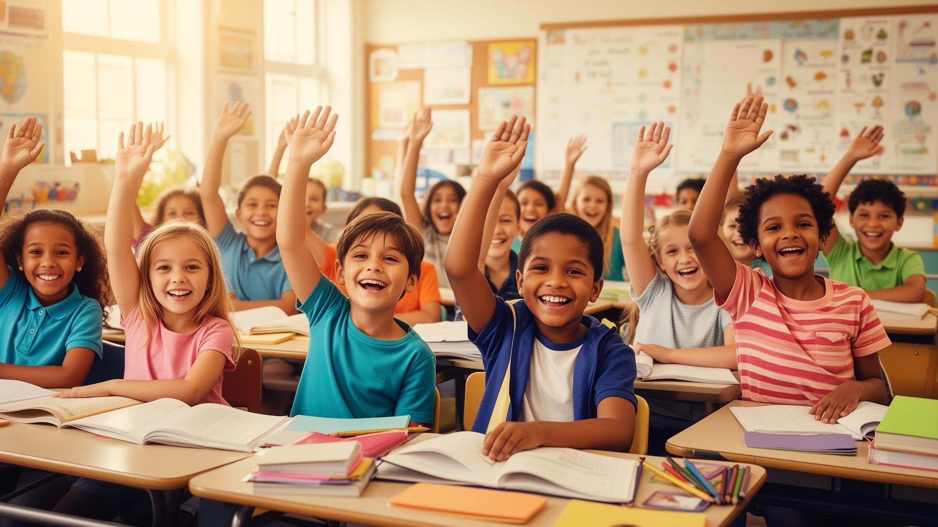 Students raising their hands together in a bright classroom
